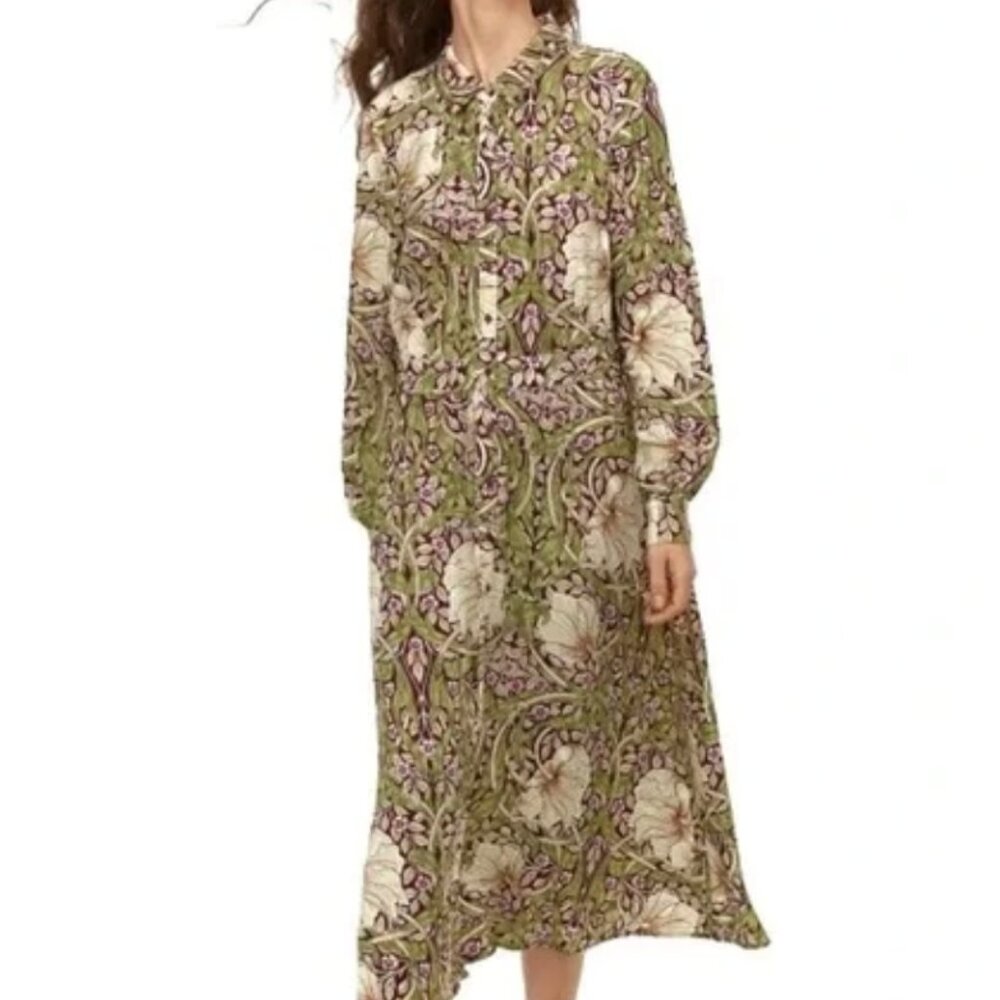 Morris & Co x H&M Green Print  Art Nouveau Midi Dress Size: 10
